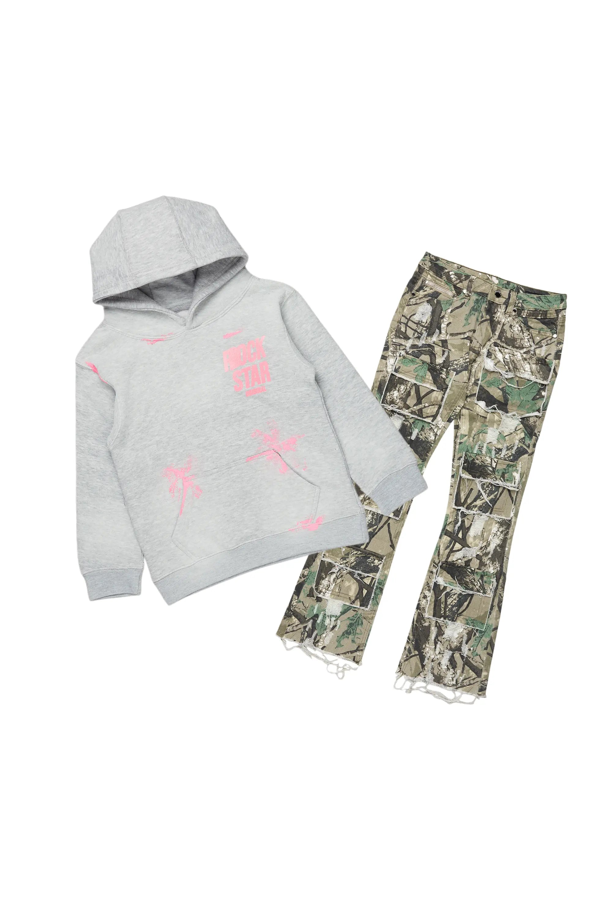 Girls Aimee Tree Camo/Grey Hoodie/Stacked Flare Jean Set Dynamic Men's Glow