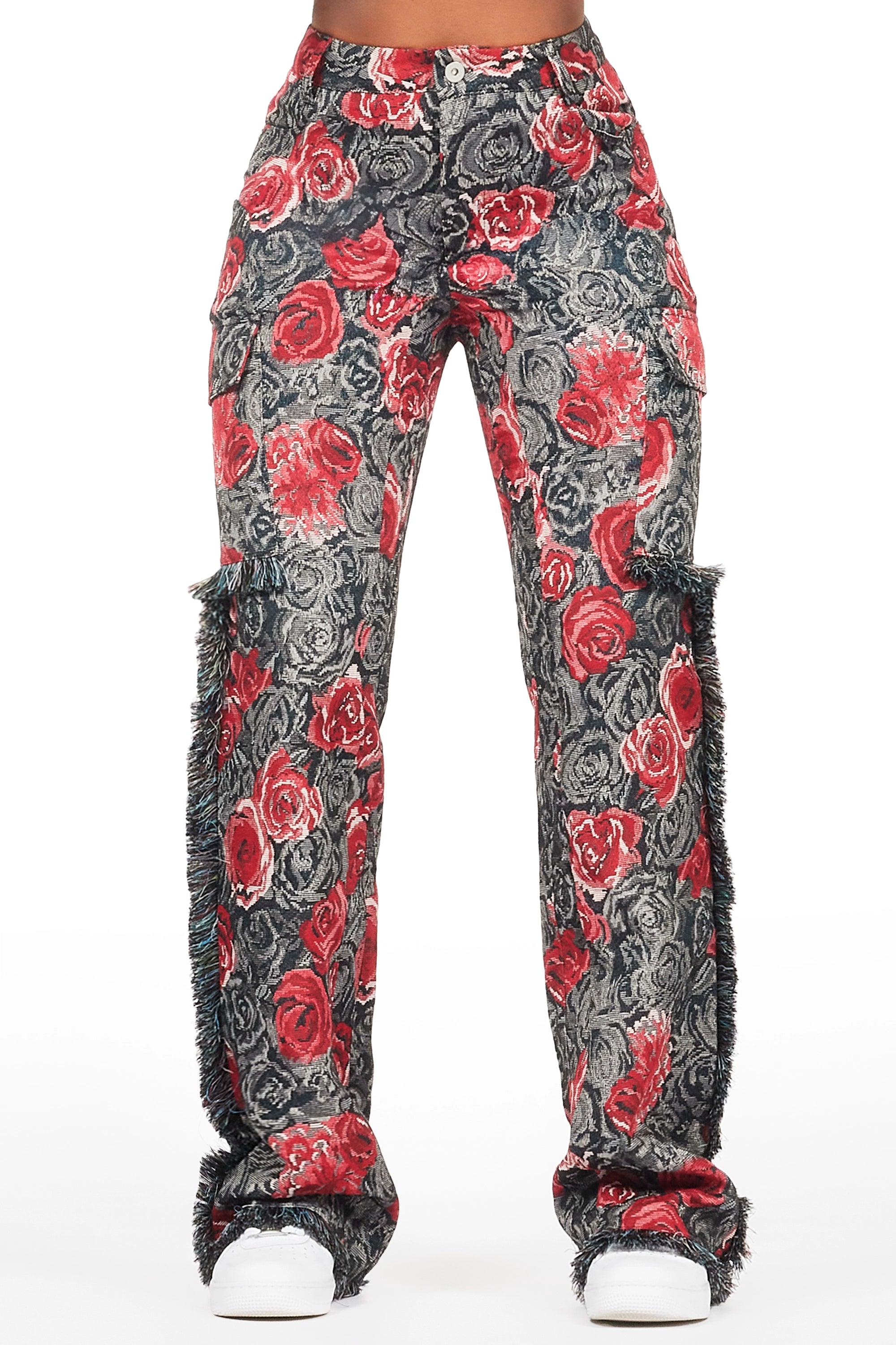 Darresha Black/Red Floral Tapestry Stacked Pant Unique Men's Patch