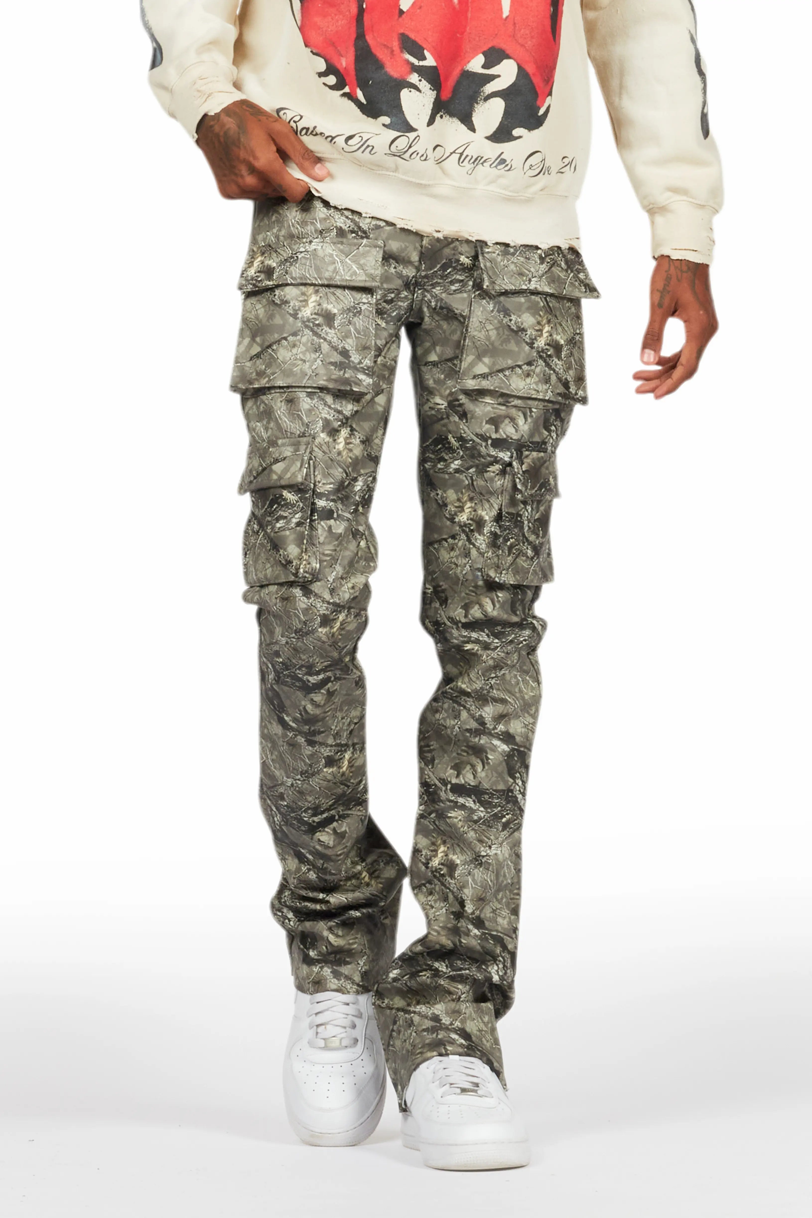 Khaza Tree Camo PU Leather Jean Casual Men's Loose