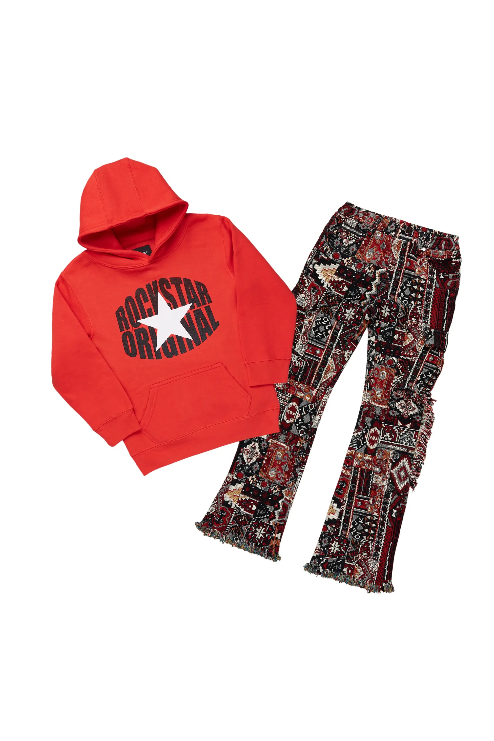 Boys Ezra Red/Black Hoodie/Stacked Flare Jean Set Elegant Men's Formal 