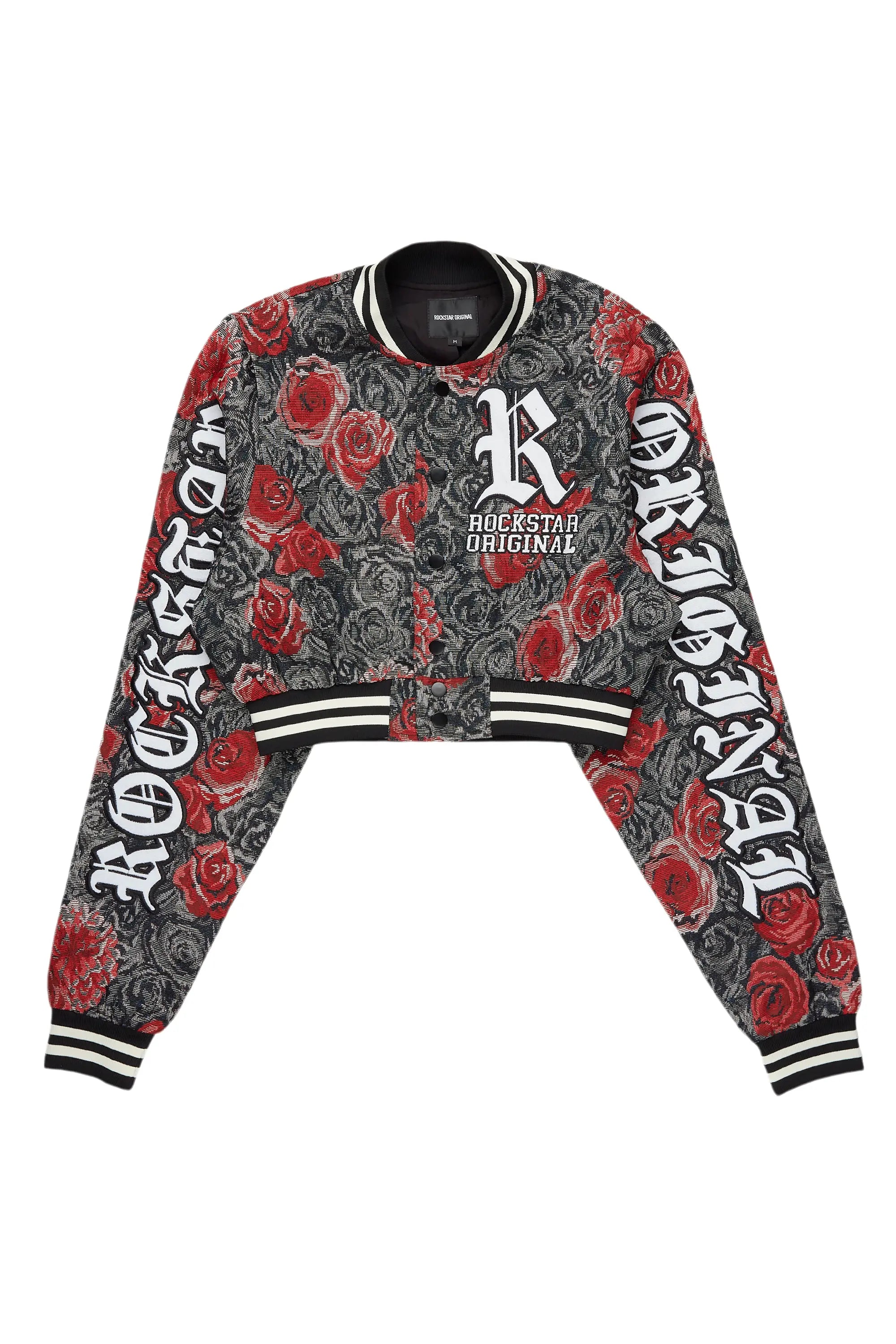 Darresha Black/Red Crop Tapestry Varsity Jacket Trendy Men's Bucket