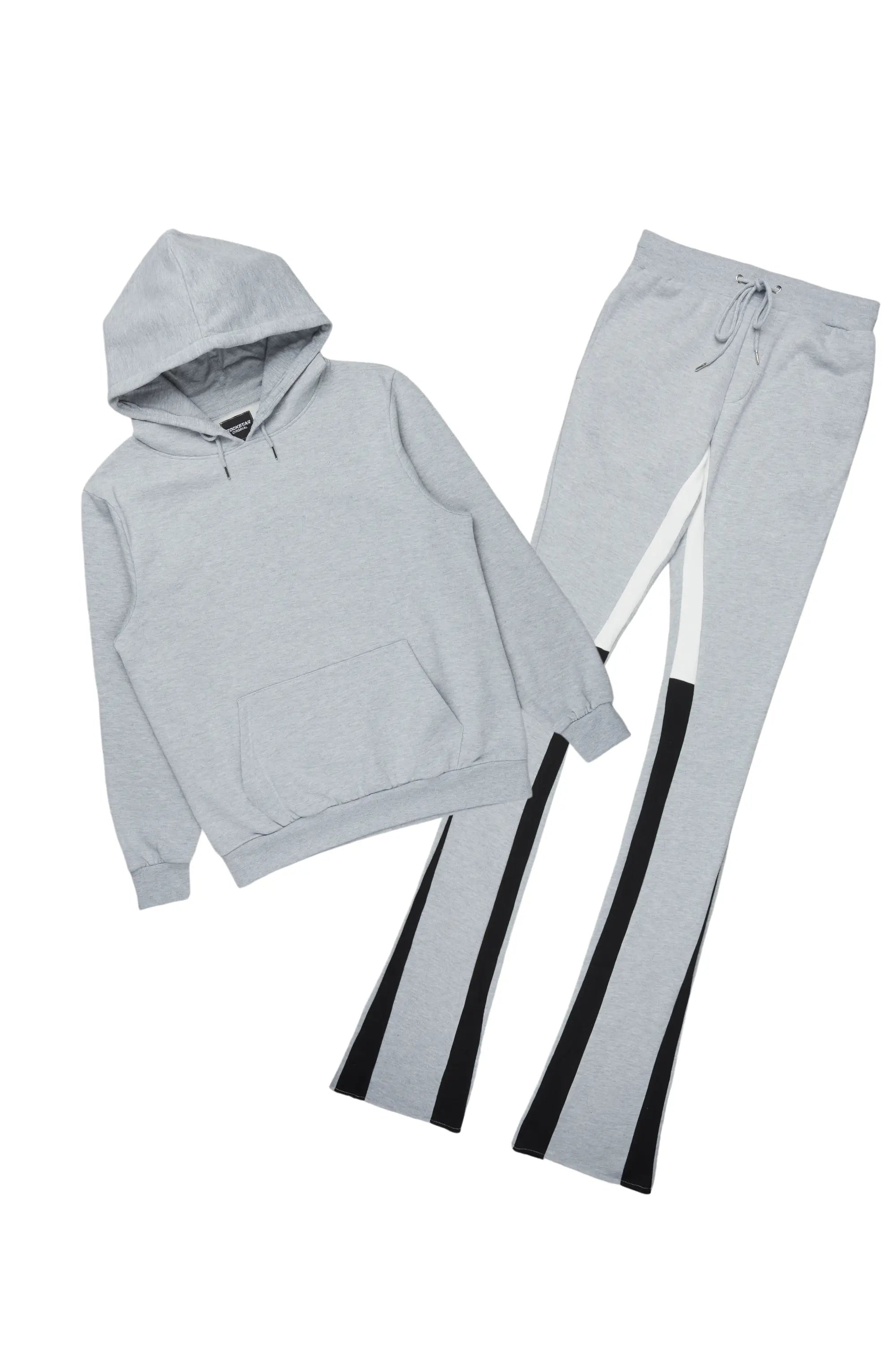 Basic Heather Grey Hoodie/Super Stacked Flare Track Set Earthy Men's Sustainable 