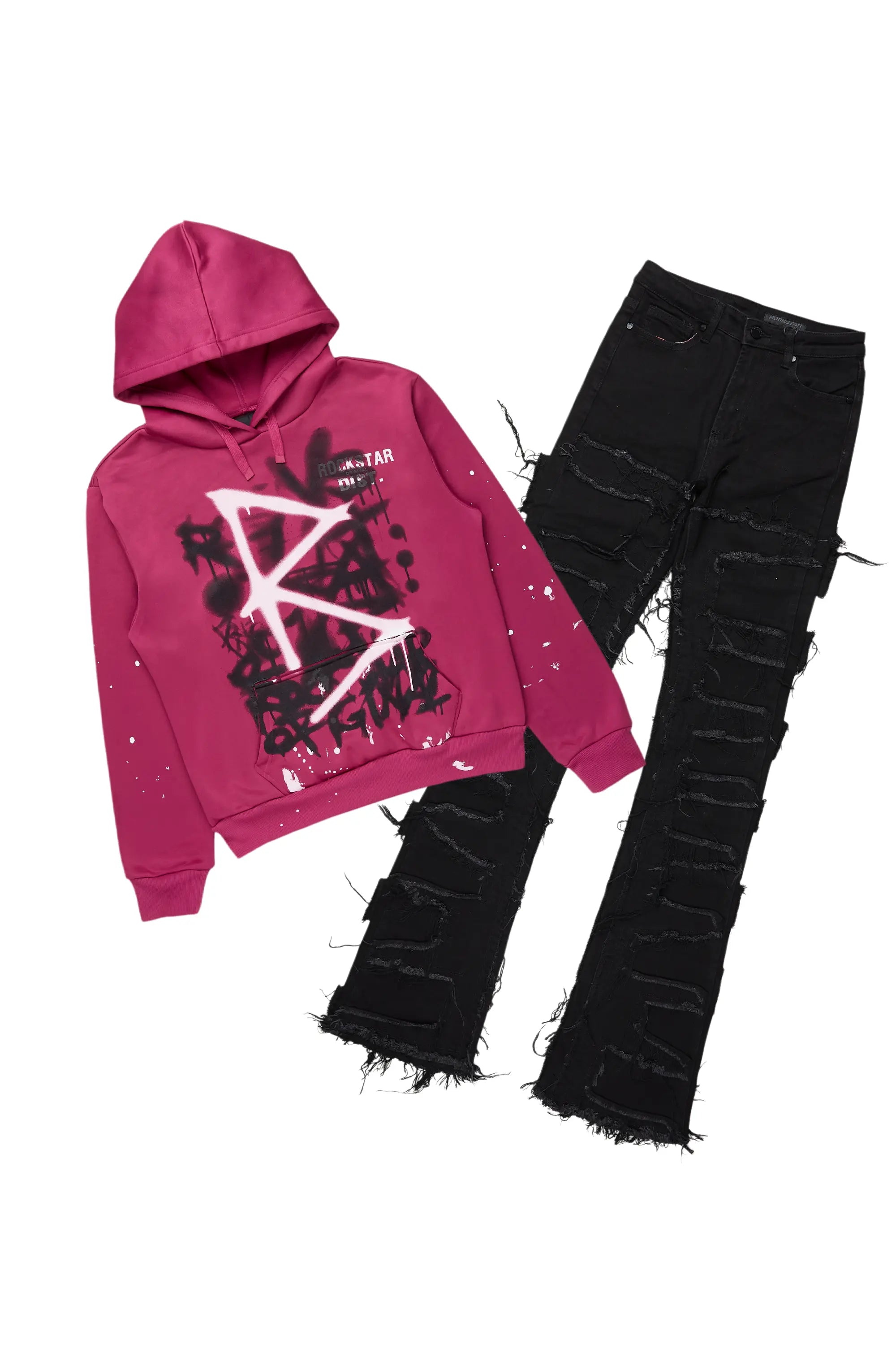 Maisha Black/Fuchsia Hoodie/Super Stacked Jean Set Unique Men's Patch