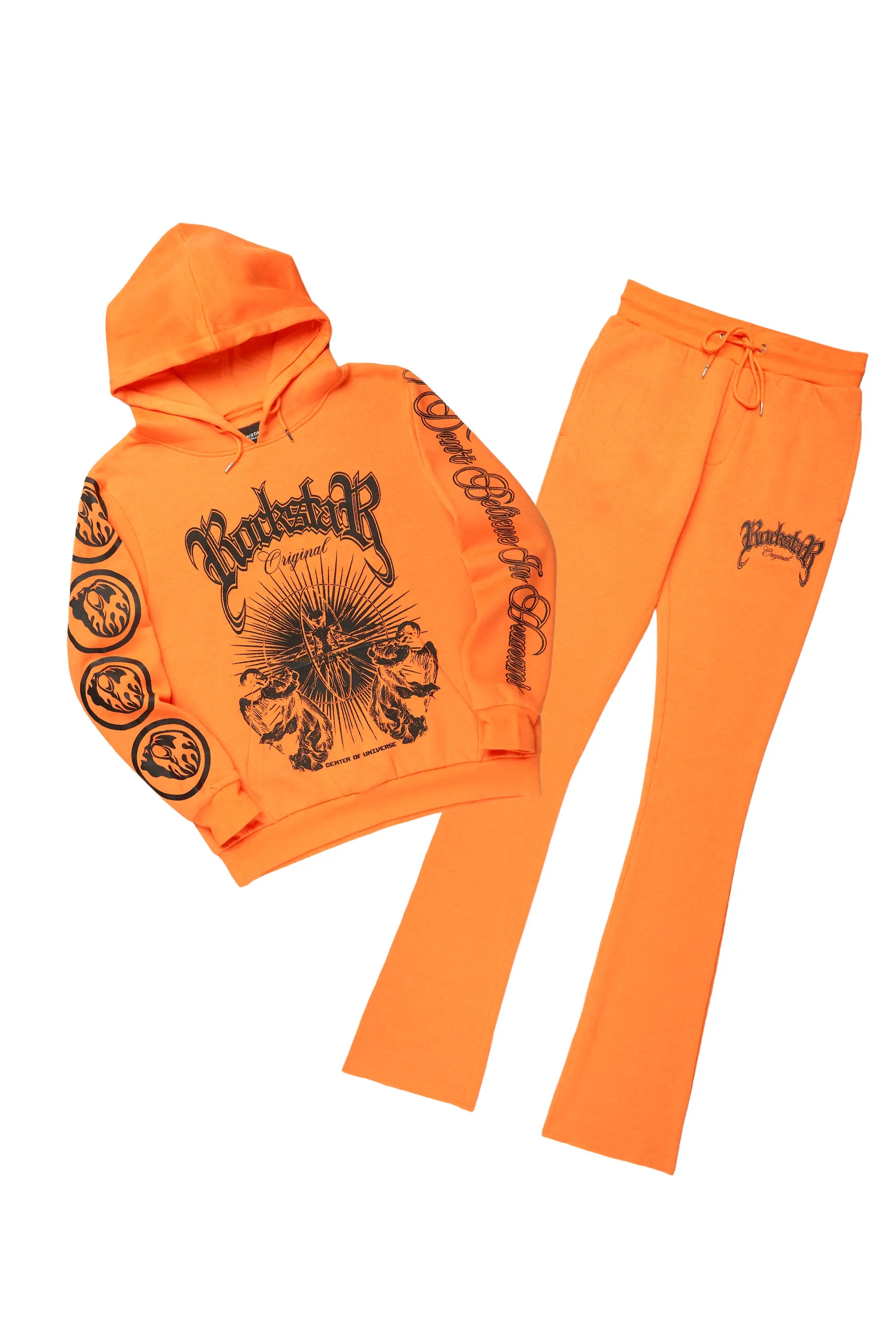 Yarden Orange Graphic Hoodie/Stacked Flare Pant Track Set Youthful Men's Anime