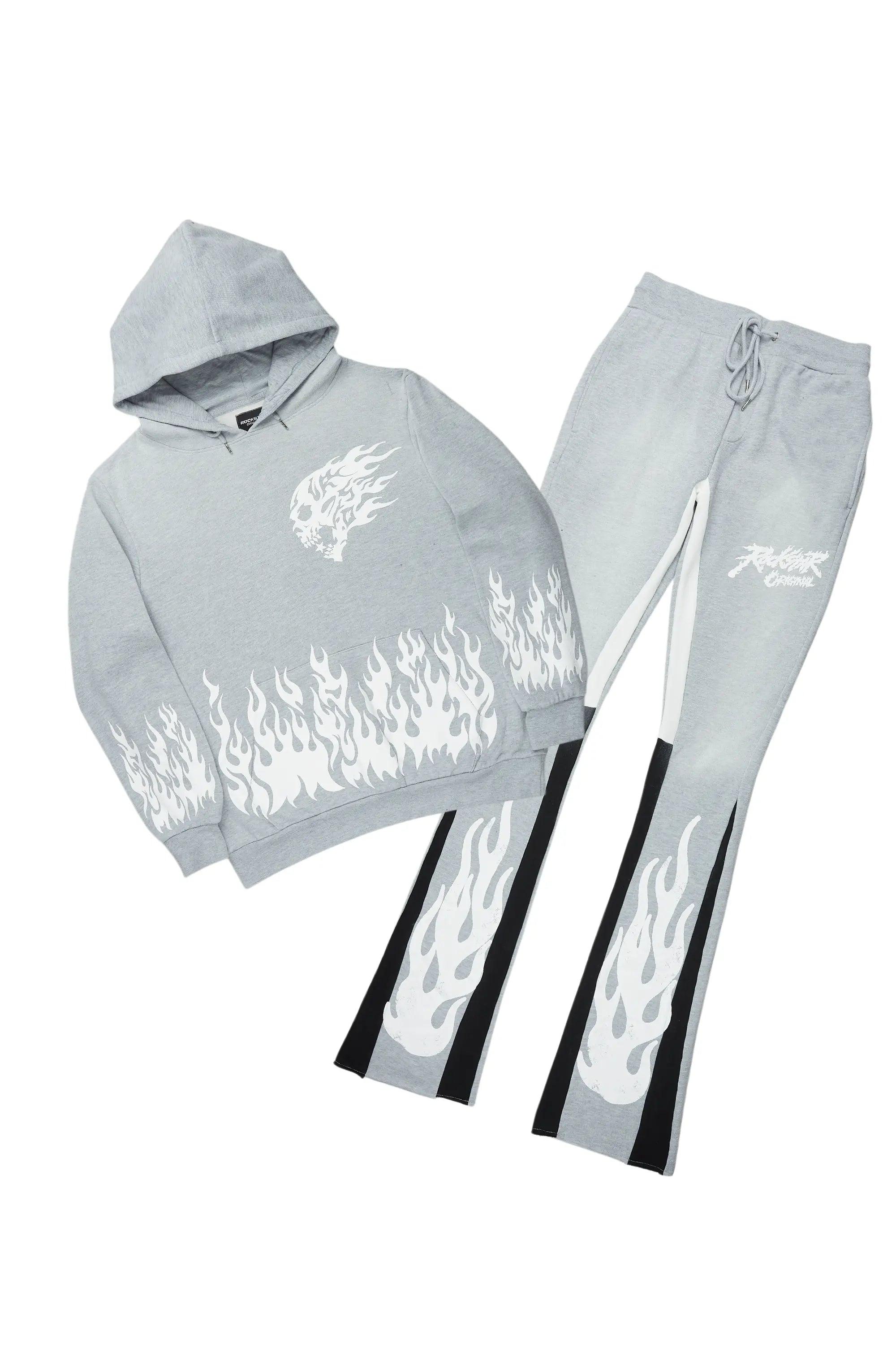 Bubble Heather Grey Stacked Flare Hoodie Track Set Streetwear Style