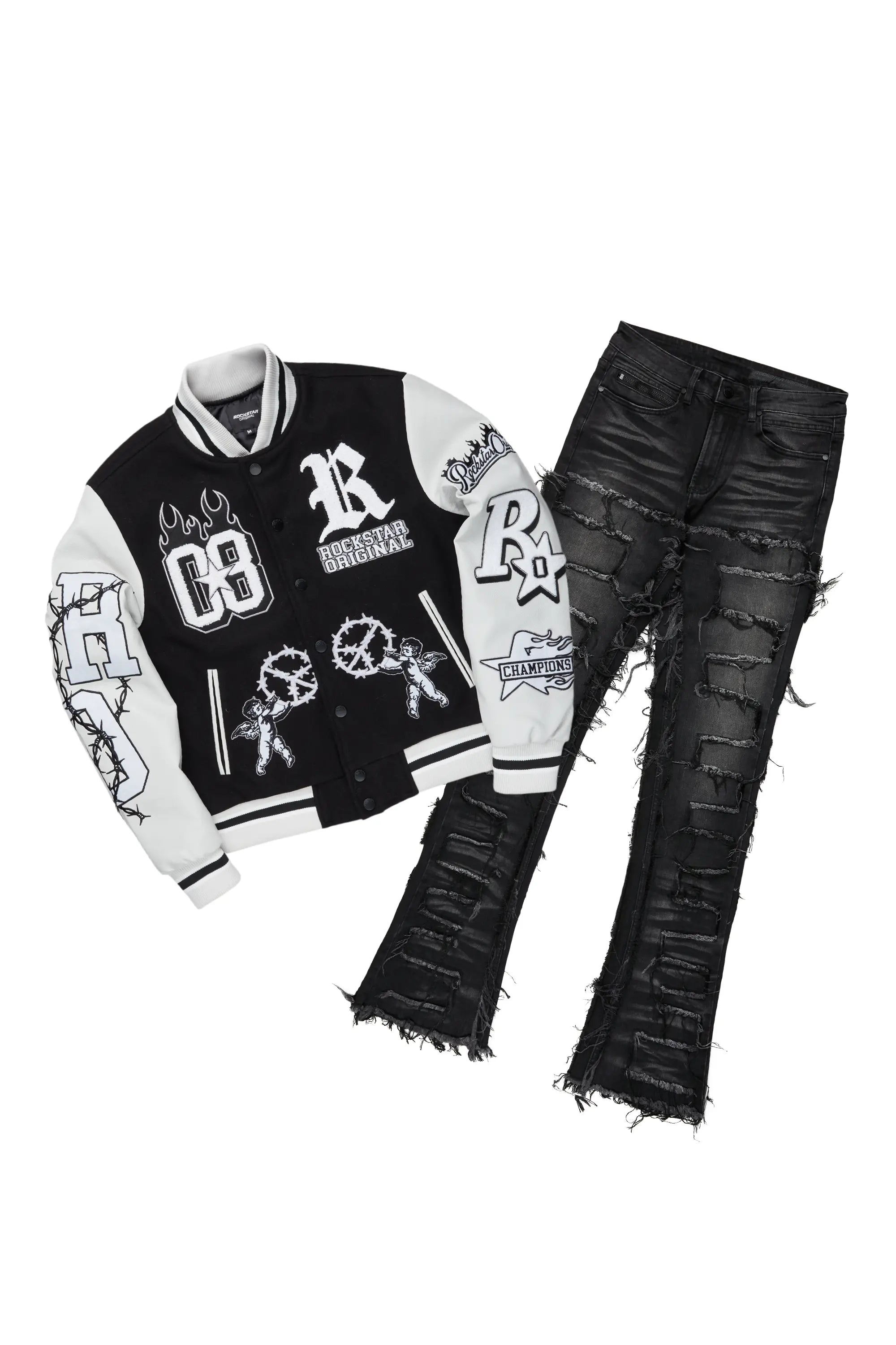 Rune Black Varsity Jacket & Shake Stacked Flare Jean Bundle Dynamic Men's Moto