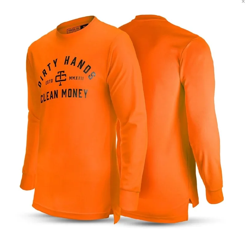 Troll Co. Men's "Dirty Hands Clean Money" O.G. Long Sleeve Wicking T-Shirt_Bright Orange