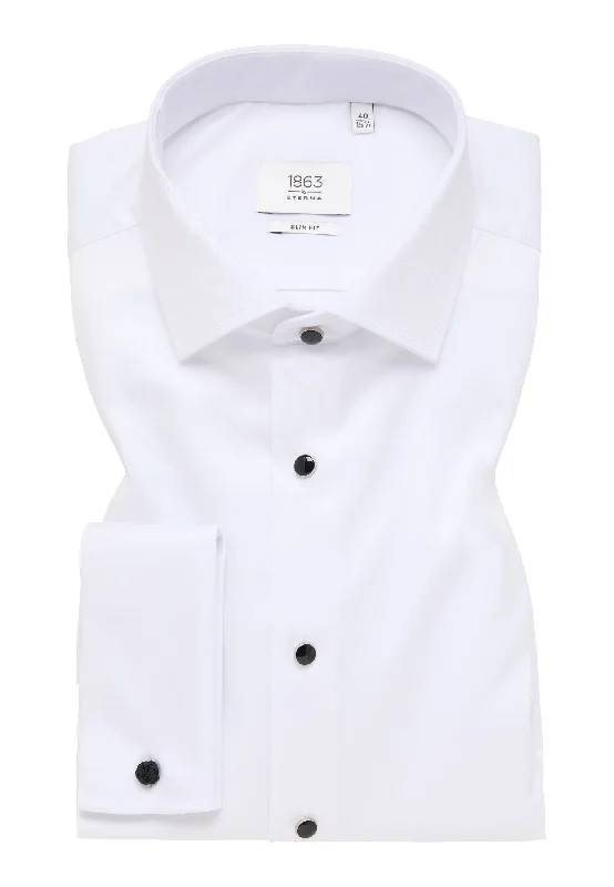 'Celebration Luxury Shirt' in White with French Cuff and Black Stud Buttons - Slim Fit - Two Ply Cotton Formal Shirt by Eterna 1863