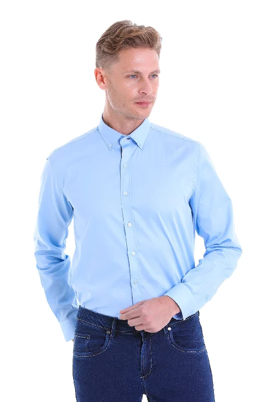 Comfort Fit Long Sleeve Plain Cotton Dress Shirt, Light. Blue