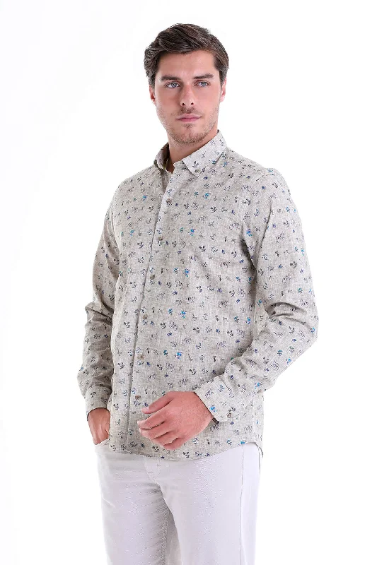 Comfort Fit Long Sleeve Printed Cotton Casual Shirt, Khaki B.1