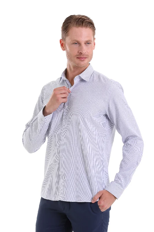 Comfort Fit Long Sleeve Striped Cotton Blend Casual Shirt, Navy C.