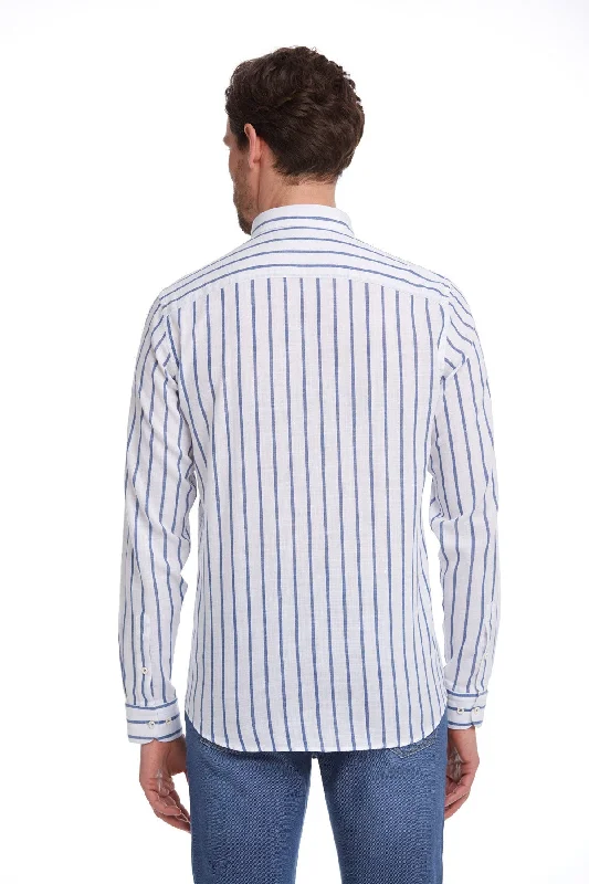 Comfort Fit Long Sleeve Striped Cotton Casual Shirt, Navy C.