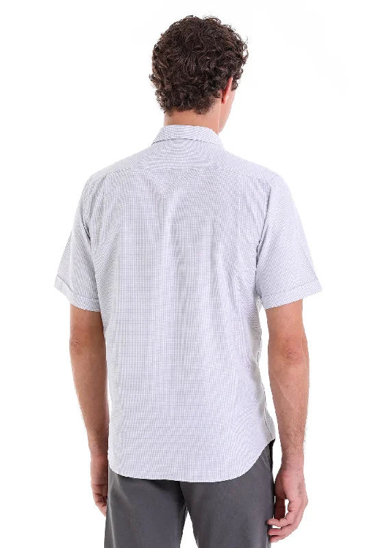 Comfort Fit Short Sleeve Checked Cotton Blend Dress Shirt, Gray K.