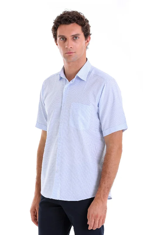 Comfort Fit Short Sleeve Checked Cotton Blend Dress Shirt, Light Blue K