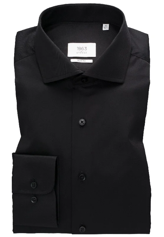 'Luxury Shirt' In Black - Slim Fit - Two Ply Cotton Twill Dress Shirt with Cutaway Collar by Eterna 1863