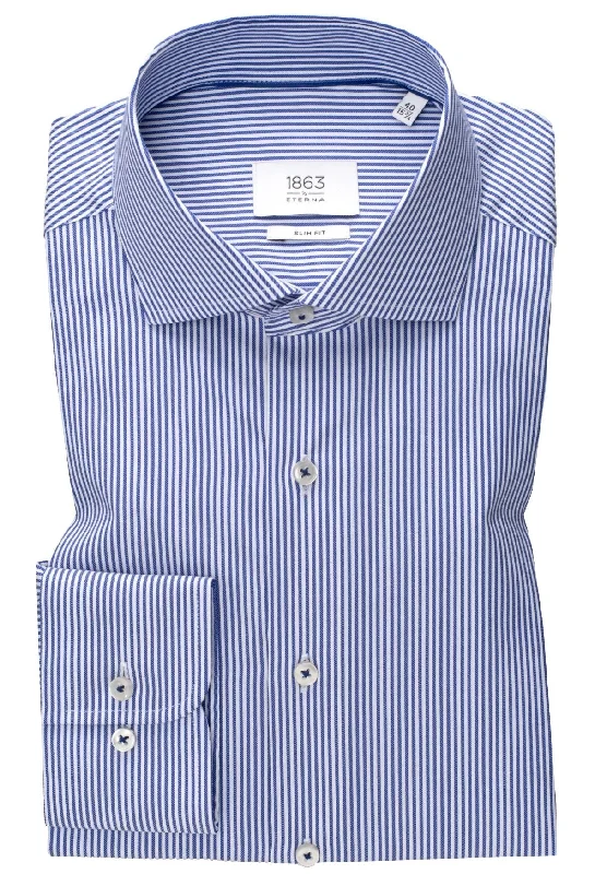 'Luxury Twill' In Blue Striped - Slim Fit - Two Ply Cotton Twill Dress Shirt with Cutaway Collar by Eterna 1863