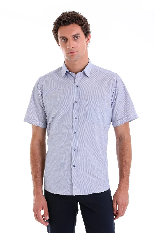 Regular Fit Short Sleeve Checked Cotton Blend Dress Shirt, Navy K.