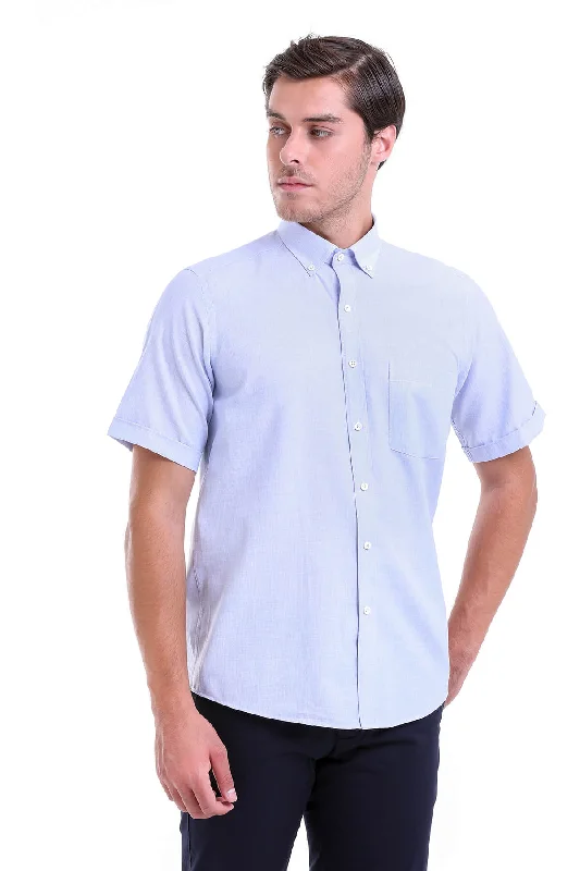 Regular Fit Short Sleeve Patterned Cotton Blend Dress Shirt, Blue