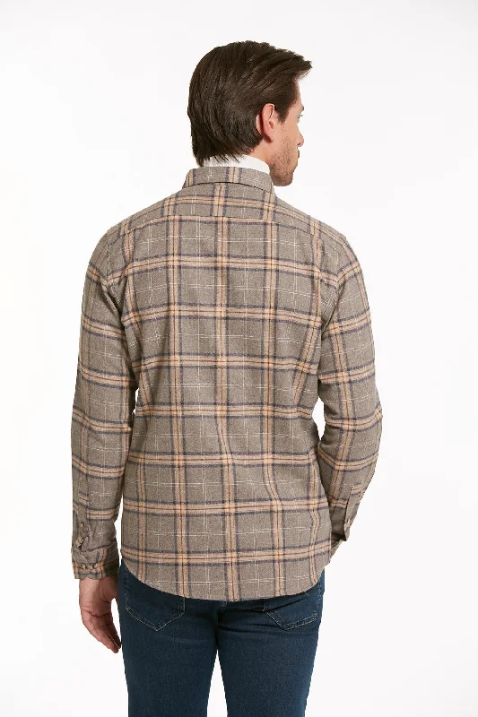 Slim Fit Long Sleeve Checked Cotton Blend Casual Shirt, Beige K.