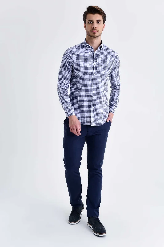 Slim Fit Long Sleeve Checked Linen Casual Shirt, Navy K.