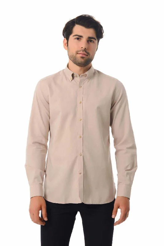 Slim Fit Long Sleeve Plain Cotton Casual Shirt, Light Brown