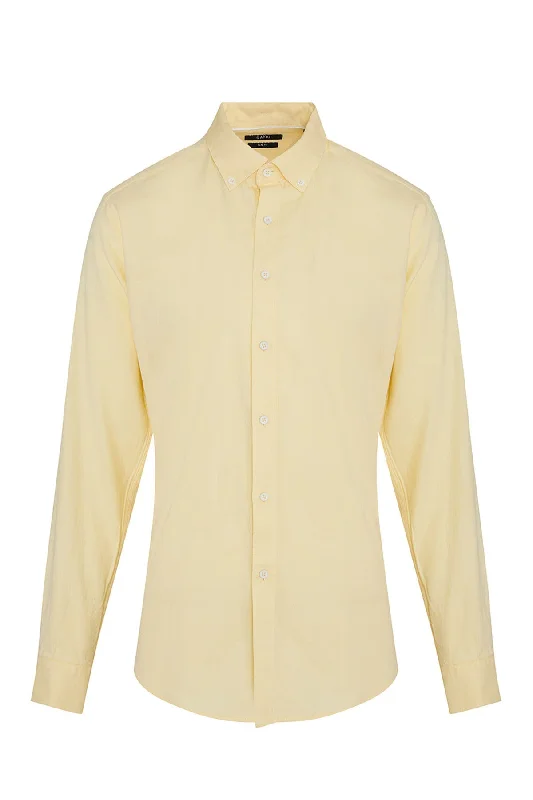 Slim Fit Long Sleeve Plain Cotton Casual Shirt, Yellow 4