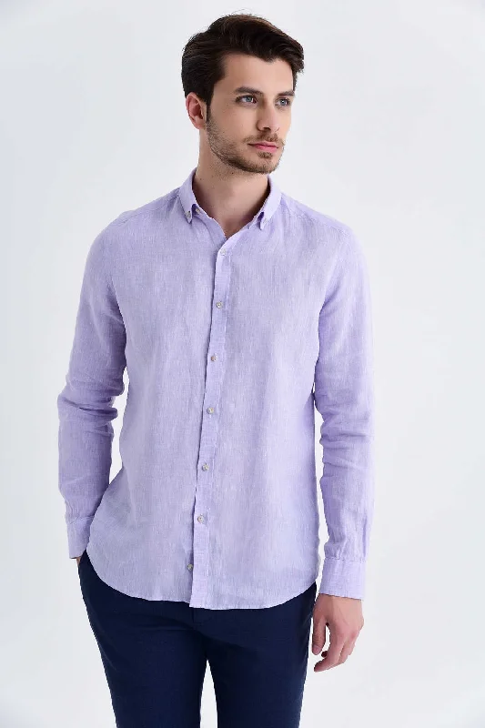 Slim Fit Long Sleeve Plain Linen Dress Shirt, Lilac