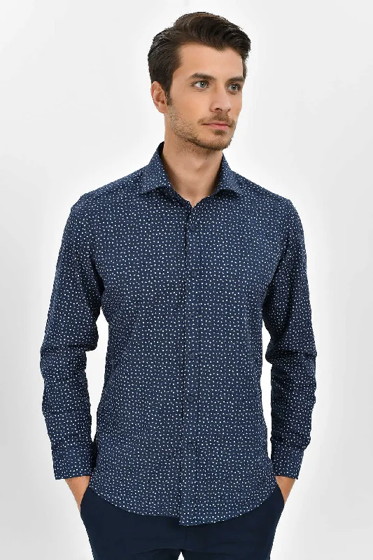 Slim Fit Long Sleeve Printed Cotton Blend Dress Shirt, Navy B1