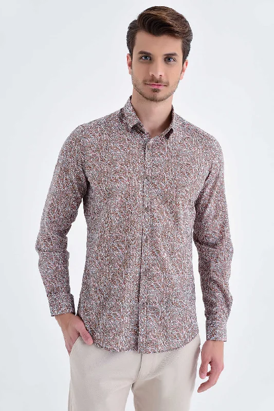 Slim Fit Long Sleeve Printed Cotton Casual Shirt, Brown B.