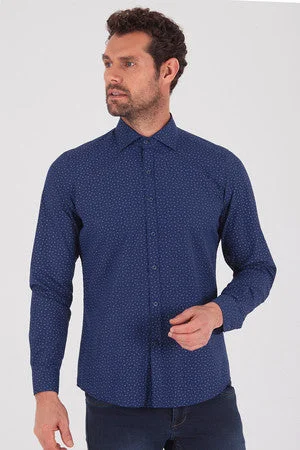 Slim Fit Long Sleeve Printed Cotton Dress Shirt, Navy B.