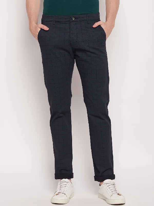 Men's Casual Flat front Navy Blue Checks Trousers Casual Men's Loose Casual Men's Loose