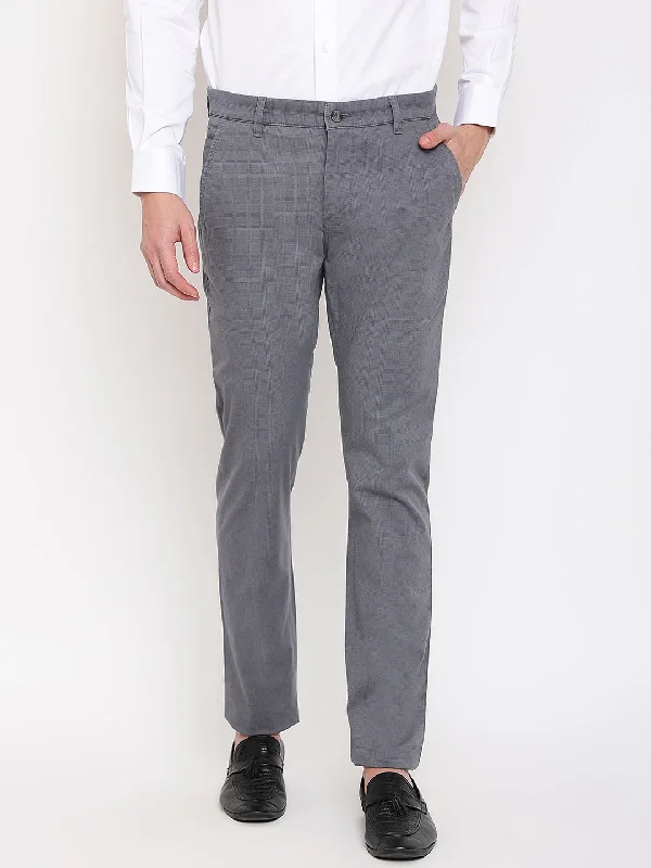 Men's Casual Flat front Dark Grey Checks Trousers Laid Laid