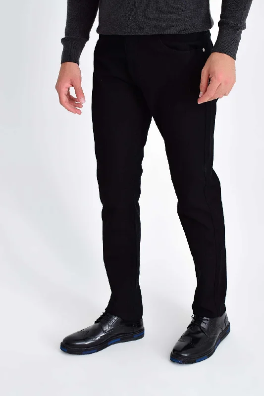 Slim Fit 5 Pocket Low Waist Unpleated Cotton Black Casual Pants, Black Earthy Men's Sustainable  Earthy Men's Sustainable 