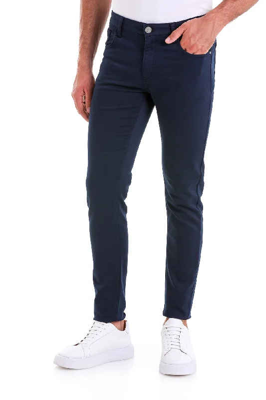 Slim Fit 5 Pocket Low Waist Unpleated Cotton Black Casual Pants, Navy