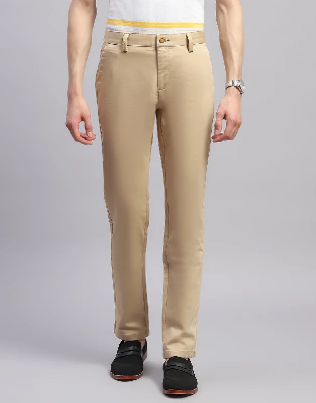 Men Beige Solid Regular Fit Trouser Monochromatic Office Style Monochromatic Office Style