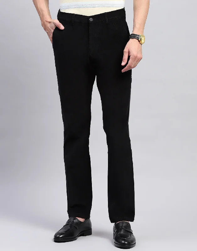 Men Black Solid Regular Fit Trouser