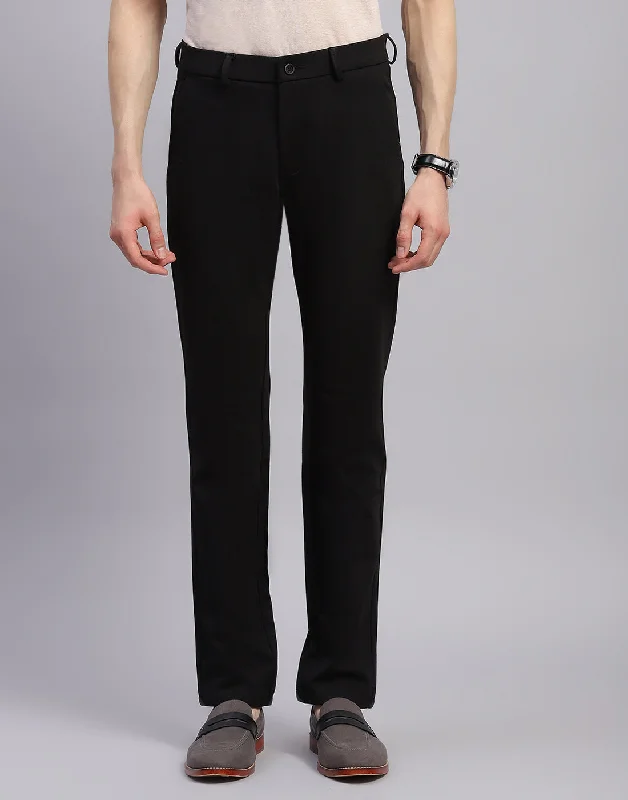 Men Black Solid Regular Fit Trouser