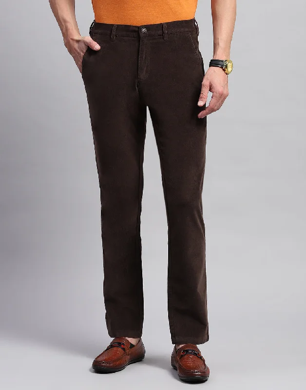 Men Brown Solid Regular Fit Trouser