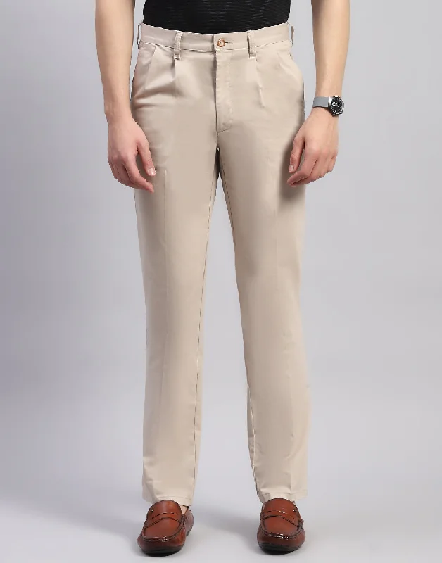 Men Khaki Solid Regular Fit Trouser