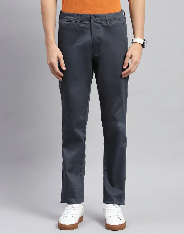 Men Navy Blue Solid Regular Fit Trouser Organic Organic