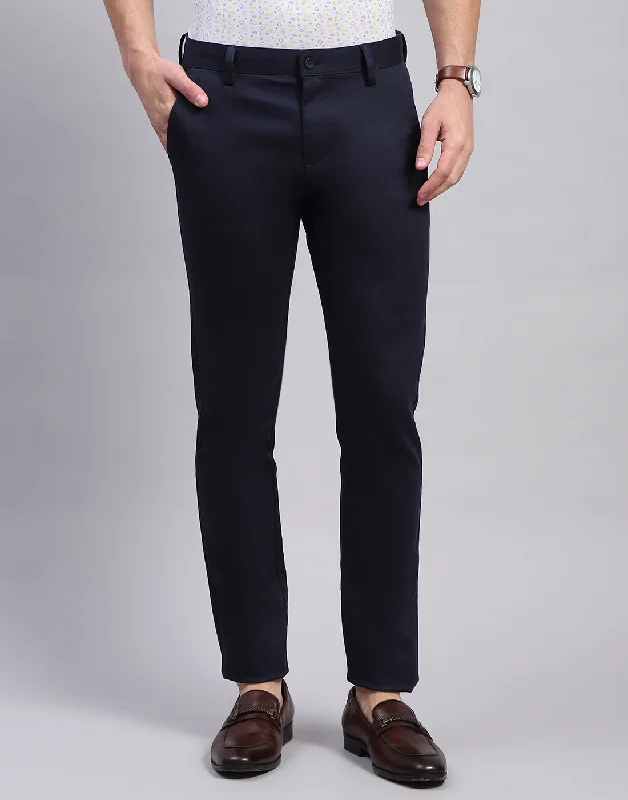 Men Navy Blue Solid Regular Fit Trouser Minimalist Men's Casual  Minimalist Men's Casual 