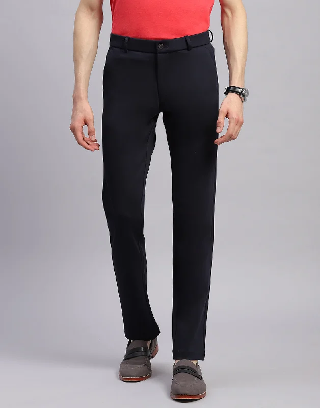 Men Navy Blue Solid Regular Fit Trouser