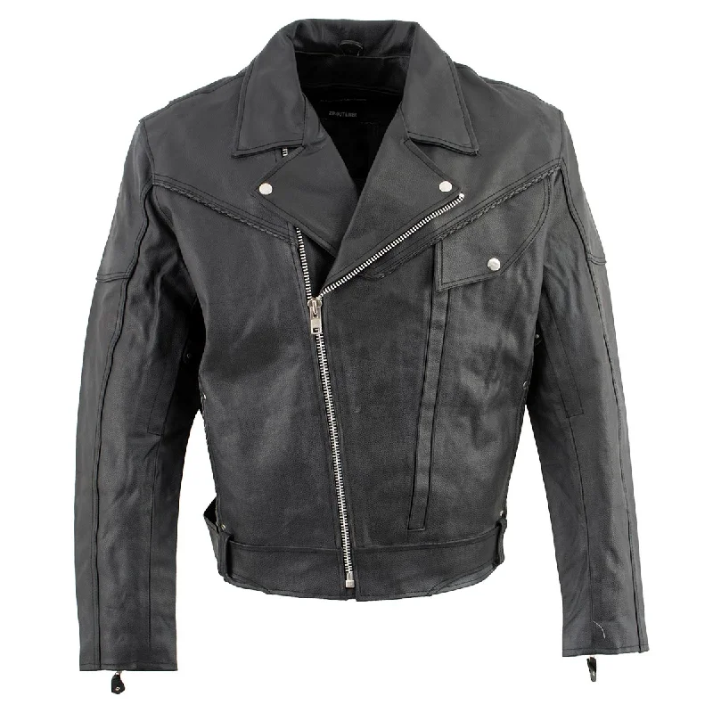 Genuine Leather EL1055 Men's Black Classic Vented ‘Braided’ Moto Jacket with Utility Pocket