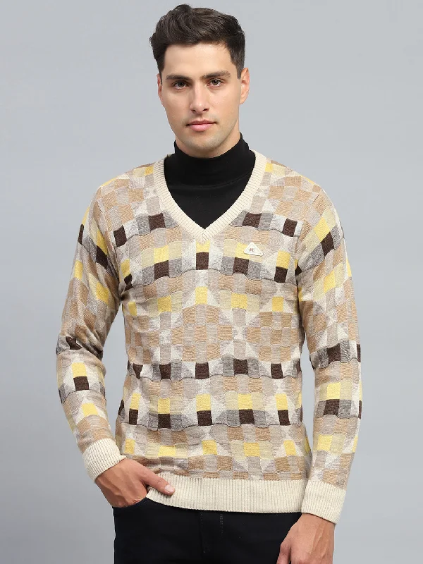 Men Beige Check V Neck Full Sleeve Pullover