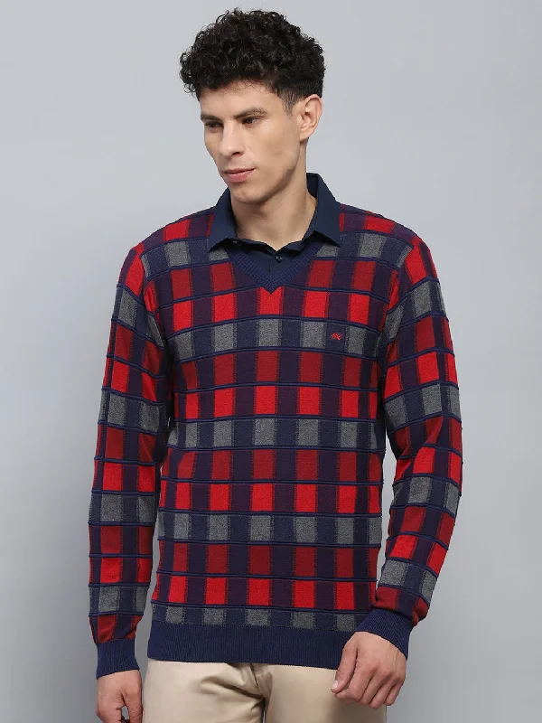 Men Blue Check V Neck Full Sleeve Pullover