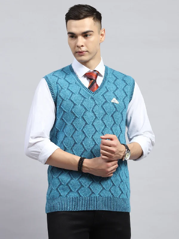 Men Blue Self Design V Neck Sleeveless Sweater