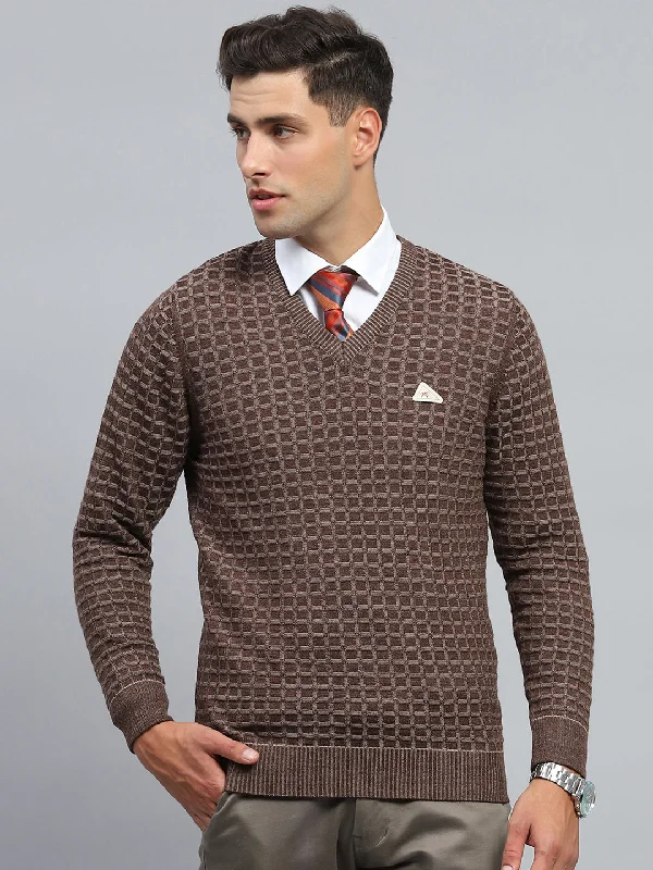 Men Brown Check V Neck Full Sleeve Pullover