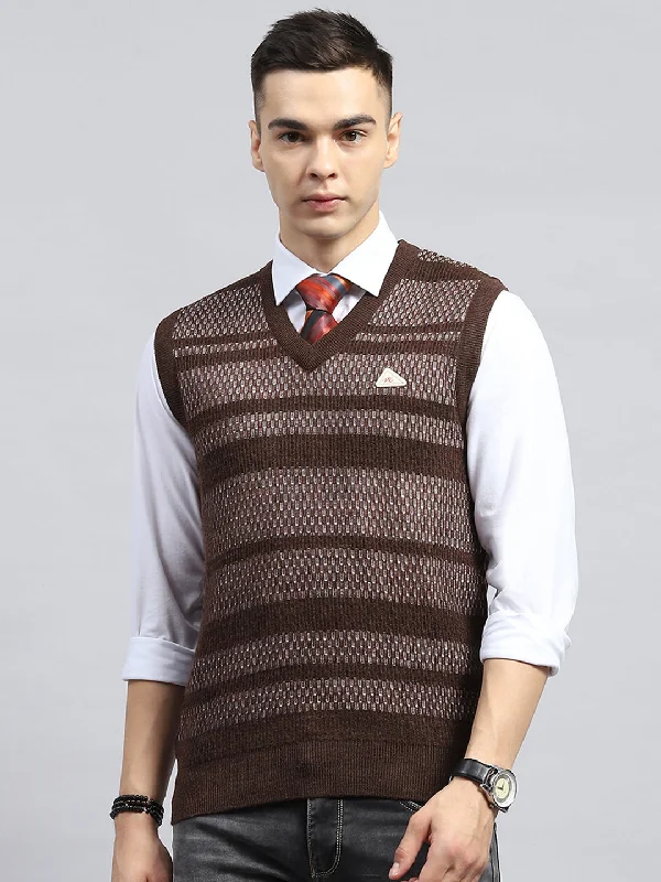 Men Brown Self Design V Neck Sleeveless Sweater