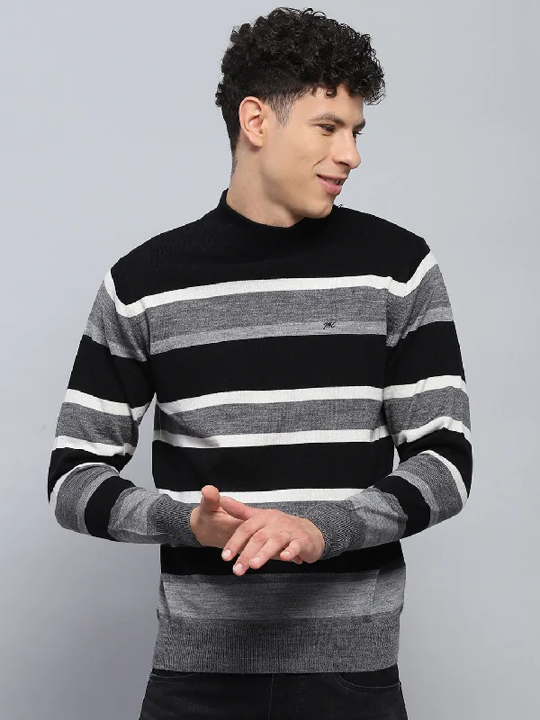 Men Grey Stripe Round Neck Full Sleeve Pullover