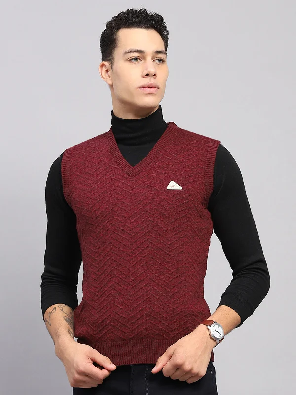 Men Maroon Self Design V Neck Sleeveless Sweater